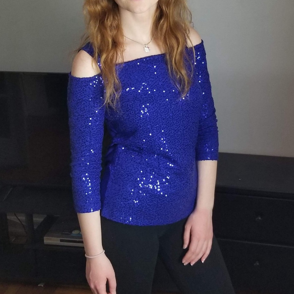 I.N.C International Concepts Cobalt Blue Cold Should Long Sleeve Sequin Top